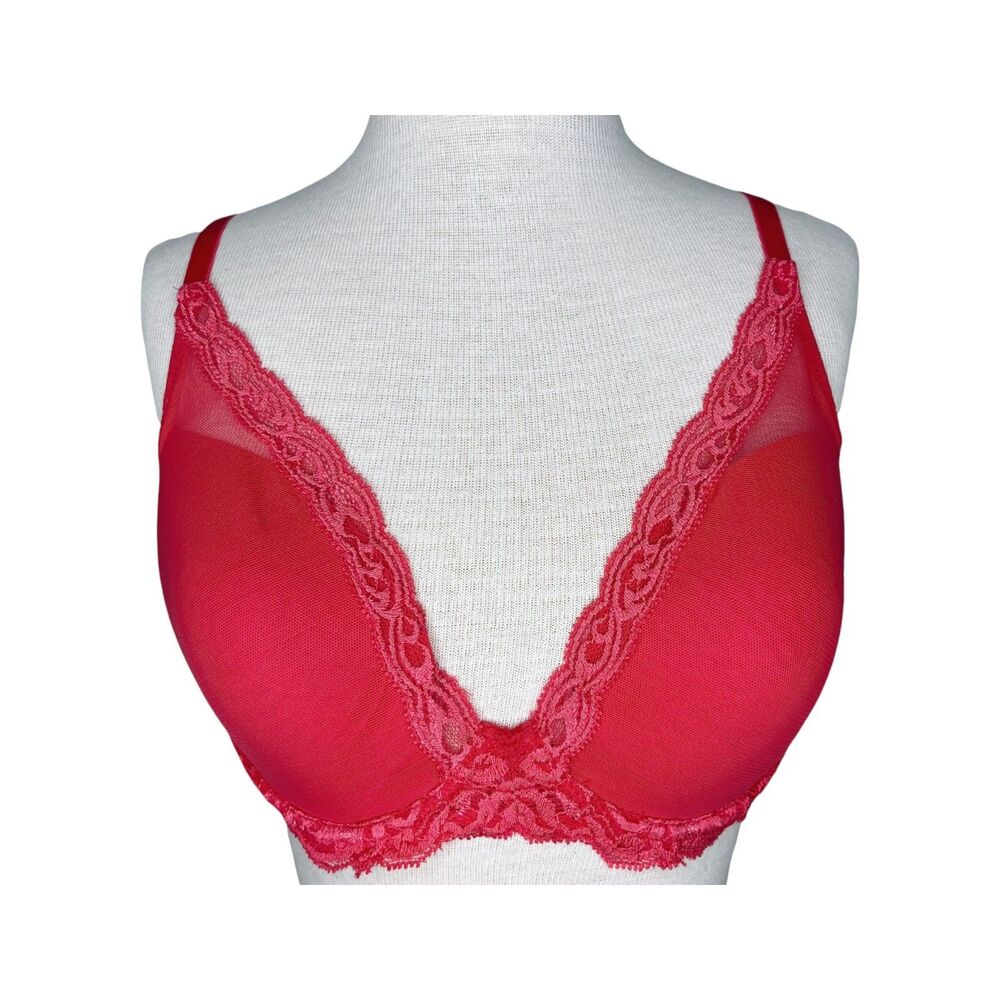 Natori Feathers Lace Plunge Bra sz 34DD * Coral Pink Lace Band Underwire Mesh